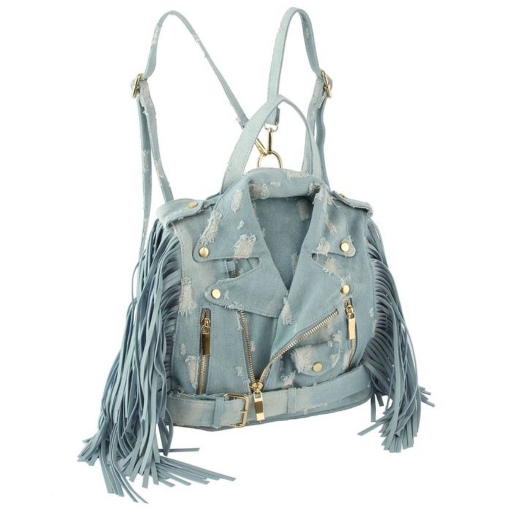 Moto Backpack Light Distressed Denim Handbag - Picture 2 of 4